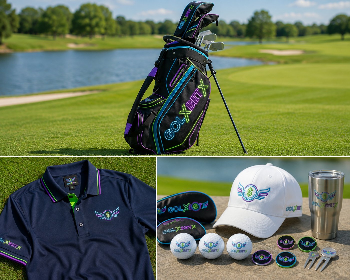 GOLXBETX collection — bag, polo, cap, balls, tumbler, accessories